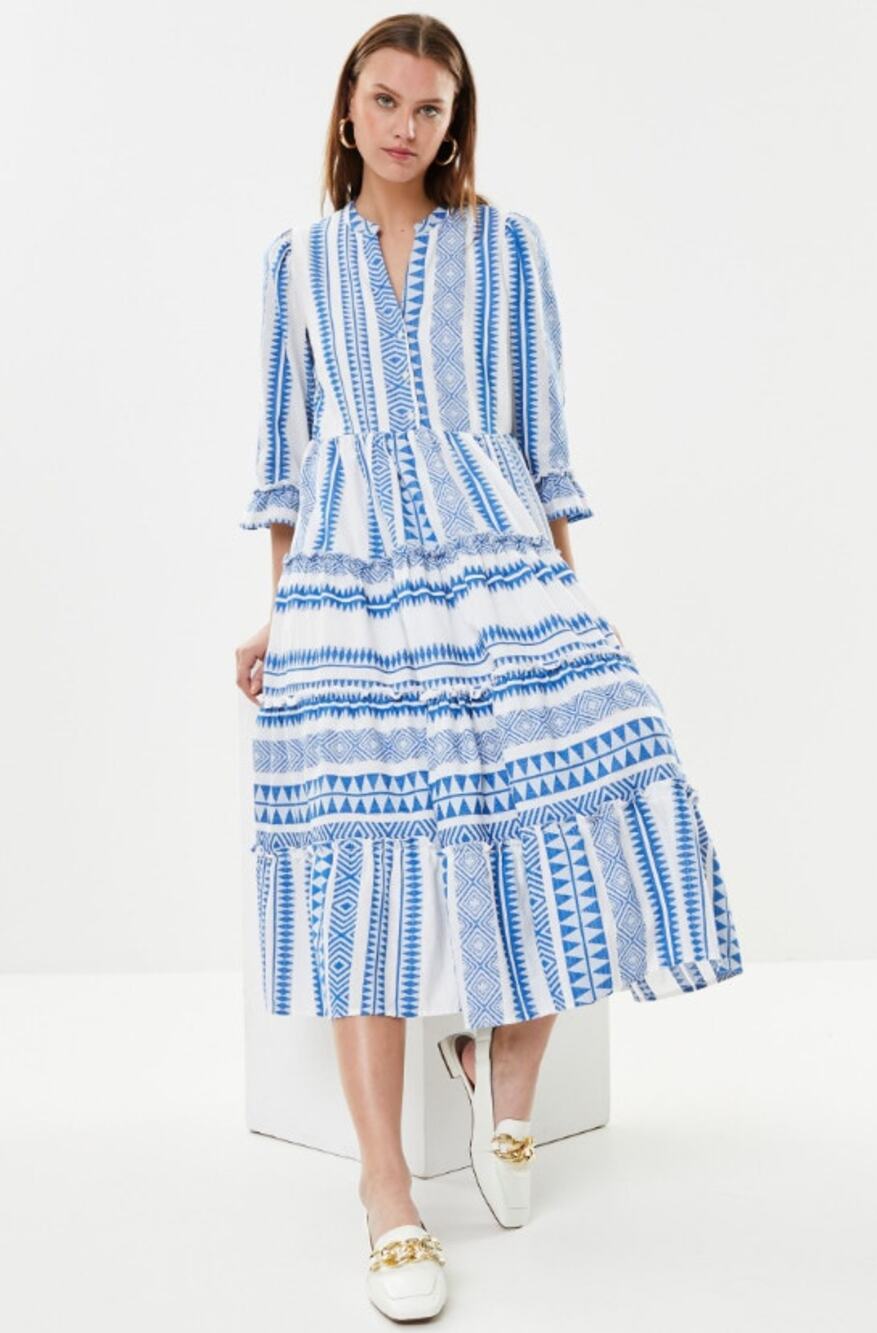 Y.A.S Yasanine 3/4 Midi Dress White and Blue Printed Organic Cotton Women's S